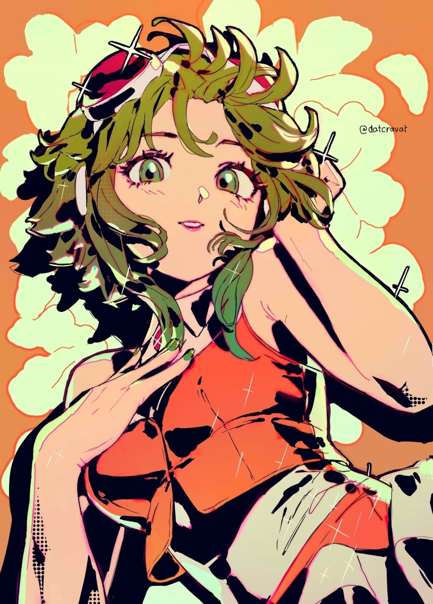 1girl datcravat floral_background goggles goggles_on_head green_eyes green_hair green_nails gumi hands_on_own_chest highres looking_at_viewer orange_background orange_skirt parted_lips pink_lips shirt short_hair skirt smile solo sparkle twitter_username vocaloid