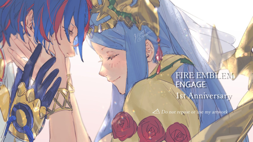 1boy 1girl 91007 alear_(fire_emblem) alear_(male)_(fire_emblem) blue_gloves blue_hair bracelet closed_eyes closed_mouth fire_emblem fire_emblem_engage gloves hair_ornament hand_on_another's_face highres jewelry long_hair lumera_(fire_emblem) mother_and_son multicolored_hair redhead short_hair split-color_hair tiara two-tone_hair white_background