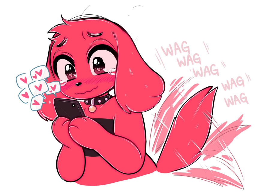 1girl animal_nose bare_shoulders black_collar black_tube_top blush body_fur clifford_(dog) clifford_the_big_red_dog clothes_writing collar commentary english_commentary english_text furry furry_female genderswap genderswap_(mtf) heart heart-shaped_eyes highres holding holding_phone motion_lines personification phone raikissu red_fur snout sound_effects standing strapless tail tail_wagging tearing_up tube_top wavy_mouth white_background