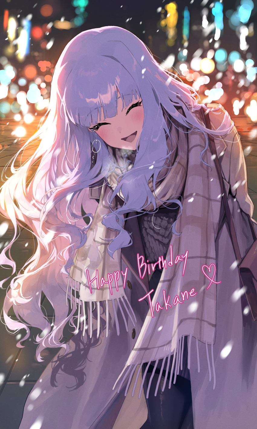1girl absurdres backlighting black_pantyhose blurry blush closed_eyes coat depth_of_field earrings facing_viewer happy_birthday highres idolmaster idolmaster_(classic) jewelry long_hair midnamana open_clothes open_coat open_mouth outdoors pantyhose scarf shijou_takane smile solo white_hair