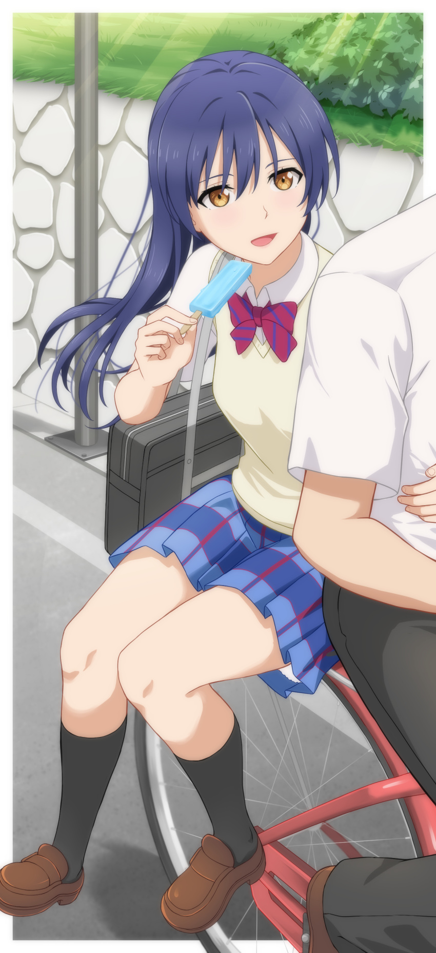 1boy 1girl absurdres bag bicycle black_pants black_socks blue_hair blue_skirt bow bowtie brown_footwear commentary enola_013 food grass hand_on_another's_waist hetero highres holding holding_food holding_popsicle long_hair looking_at_another love_live! love_live!_school_idol_project open_mouth otonokizaka_school_uniform outdoors pants pole popsicle red_bow red_bowtie riding riding_bicycle road school_bag school_uniform shirt shoes sitting skirt smile socks sonoda_umi sunlight white_shirt yellow_eyes