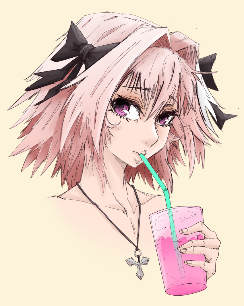 1boy astolfo_(fate) astolfo_(memories_at_trifas)_(fate) black_bow bow collarbone cup drink drinking drinking_straw fate/apocrypha fate/grand_order fate_(series) hair_bow hair_intakes highres holding holding_cup ice ice_cube jewelry male_focus multicolored_hair otoko_no_ko pendant pink_hair pink_liquid portrait samyrkandia sepia_background simple_background solo streaked_hair violet_eyes white_hair
