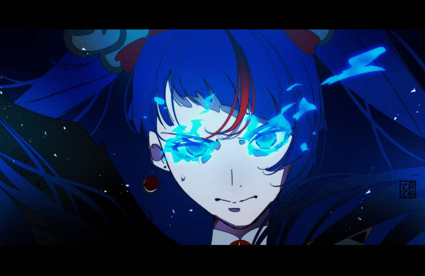 1girl aoi_tete asymmetrical_bangs blue_eyes blue_fire blue_hair blue_theme bow closed_mouth cure_sky diagonal_bangs earrings fire flaming_eyes floating_hair furrowed_brow hair_bow hair_ornament highres hirogaru_sky!_precure jewelry letterboxed logo long_hair looking_at_viewer magical_girl multicolored_hair portrait precure red_bow redhead single_sidelock solo sora_harewataru streaked_hair sweat twintails