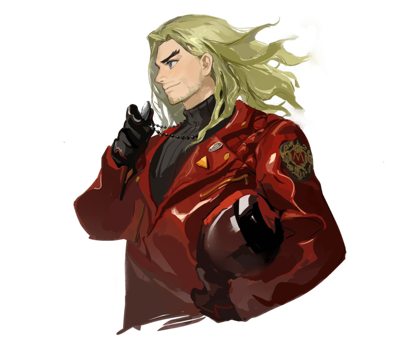 1boy artist_request beard_stubble blonde_hair cropped_torso facial_hair floating_hair from_side highres ken_masters kissing_necklace looking_ahead male_focus mature_male medium_hair official_alternate_costume profile smile solo street_fighter street_fighter_6 stubble suit thick_eyebrows