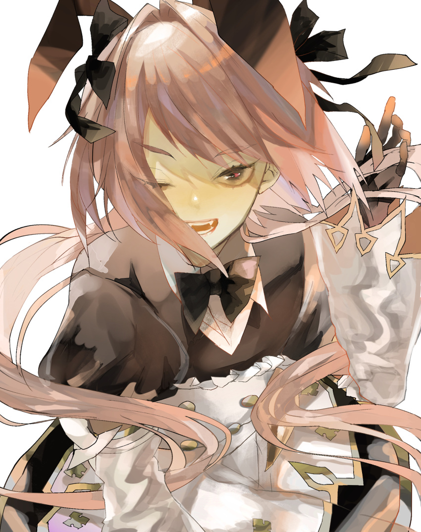 1boy absurdres animal_ears astolfo_(fate) astolfo_(saber)_(fate) astolfo_(saber)_(third_ascension)_(fate) black_bow black_bowtie black_gloves black_thighhighs bow bowtie dress emasrrkn fake_animal_ears fangs fate/apocrypha fate/grand_order fate_(series) gloves hair_bow hair_intakes highres long_hair multicolored_hair one_eye_closed open_mouth otoko_no_ko pink_hair rabbit_ears streaked_hair thigh-highs twintails very_long_hair violet_eyes white_hair wing_collar