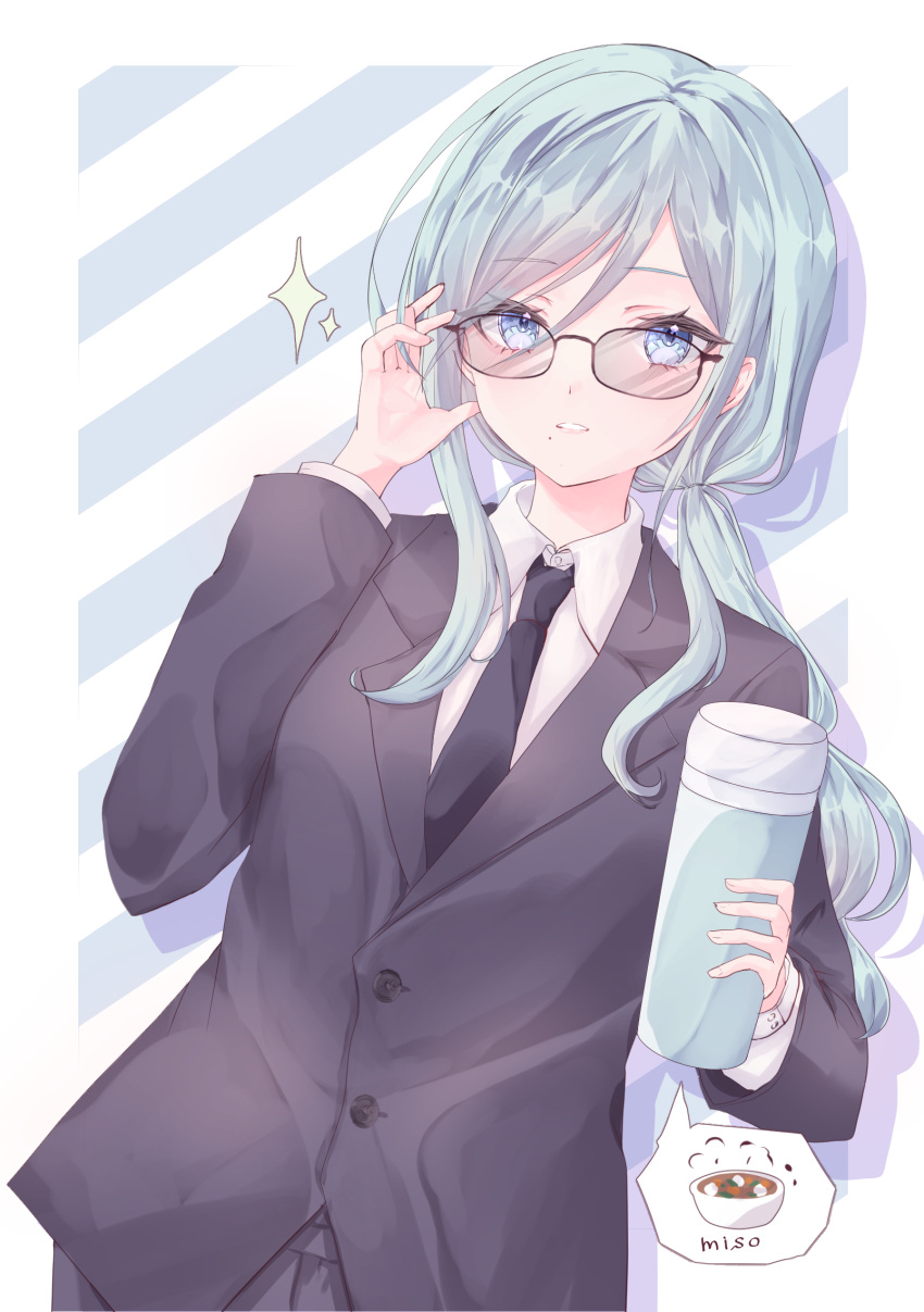 1girl alternate_hairstyle black_necktie blazer blue_eyes blue_hair border buttoned_cuffs buttons collared_shirt commentary_request dress_shirt drop_shadow food_name glasses grey-tinted_eyewear hair_between_eyes highres hinomori_shizuku holding_thermos jacket kikuha_kobeni lapels light_blue_background light_blue_hair long_hair long_sleeves looking_at_viewer low_ponytail necktie notched_lapels outside_border parted_lips partial_commentary project_sekai purple_jacket shirt solo spoken_food striped_background suit suit_jacket thermos tinted_eyewear white_background white_border white_shirt