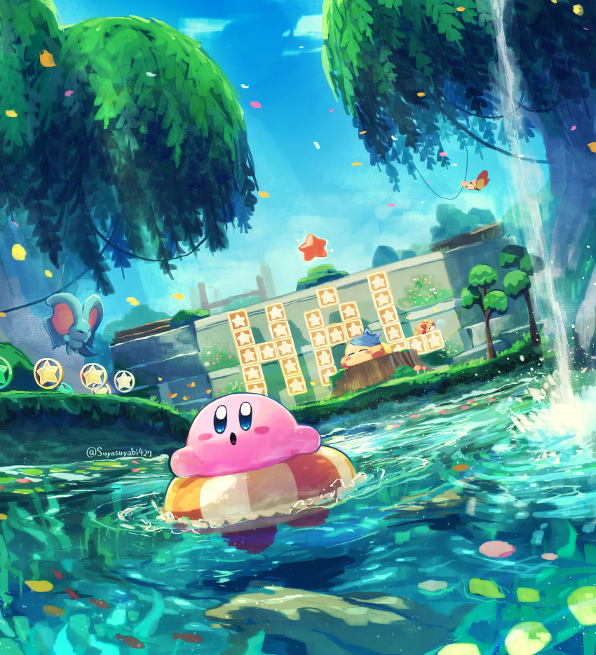:o ^_^ absurdres artist_name awoofy bandana bandana_waddle_dee block_(object) blue_bandana blue_eyes blue_sky blush blush_stickers bug butterfly closed_eyes clouds coin colored_skin commentary_request day elfilin falling_leaves fish grass hal_laboratory highres kirby kirby_(series) kirby_and_the_forgotten_land leaf lifebuoy lying morpho_knight morpho_knight_(butterfly) moss mushroom nature no_humans nose_bubble notched_ear on_stomach open_mouth outdoors petals petals_on_liquid pink_skin plant rock scenery sky sleeping star_(symbol) star_block suyasuyabi swim_ring tree tree_stump twitter_username vines warp_star water waterfall