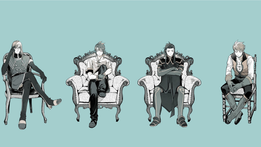 4boys aqua_background asch_(tales) boots buttons chair closed_eyes closed_mouth commentary_request cropped_shirt crossed_arms crossed_legs elbow_gloves fingerless_gloves full_body glasses gloves guy_cecil hair_between_eyes hair_slicked_back high_collar highres hugging_own_legs jacket jade_curtiss knee_boots knee_up long_hair long_sleeves looking_at_viewer luke_fon_fabre male_focus multiple_boys on_chair own_hands_together pants pesso popped_collar short_hair short_sleeves shoulder_pads sidelocks sitting spiky_hair swept_bangs tales_of_(series) tales_of_the_abyss thigh_boots vest