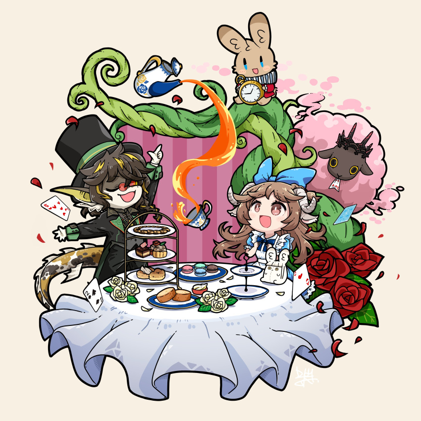 1boy 1girl absurdres ace_(playing_card) ace_of_hearts alice_(alice_in_wonderland) alice_(alice_in_wonderland)_(cosplay) alice_in_wonderland alternate_costume animal_ears apron arknights black_coat black_headwear black_vest blonde_hair blue_bow blue_bowtie blue_dress bow bowtie braid bread brown_background brown_hair card choshanland_plushy_(arknights) closed_eyes coat commentary cosplay cup dog-san dolly_(arknights) dress english_commentary eyjafjalla_(arknights) fins fish_tail five_of_hearts flower food frilled_apron frills gloves hair_bow hat head_fins heart highres horns lee_(arknights) lee_(trust_your_eyes)_(arknights) long_hair looking_up macaron multicolored_hair official_alternate_costume open_mouth pince-nez pink_background plant playing_card pointing pointing_up pouring red-tinted_eyewear red_flower red_rose rose saucer sheep_ears sheep_girl sheep_horns short_hair side_braid simple_background smile streaked_hair striped_background table tablecloth tail tailcoat tea teacup teapot tinted_eyewear top_hat two_of_spades vest vines wavy_hair white_apron white_gloves white_rabbit_(alice_in_wonderland) yellow_flower yellow_rose