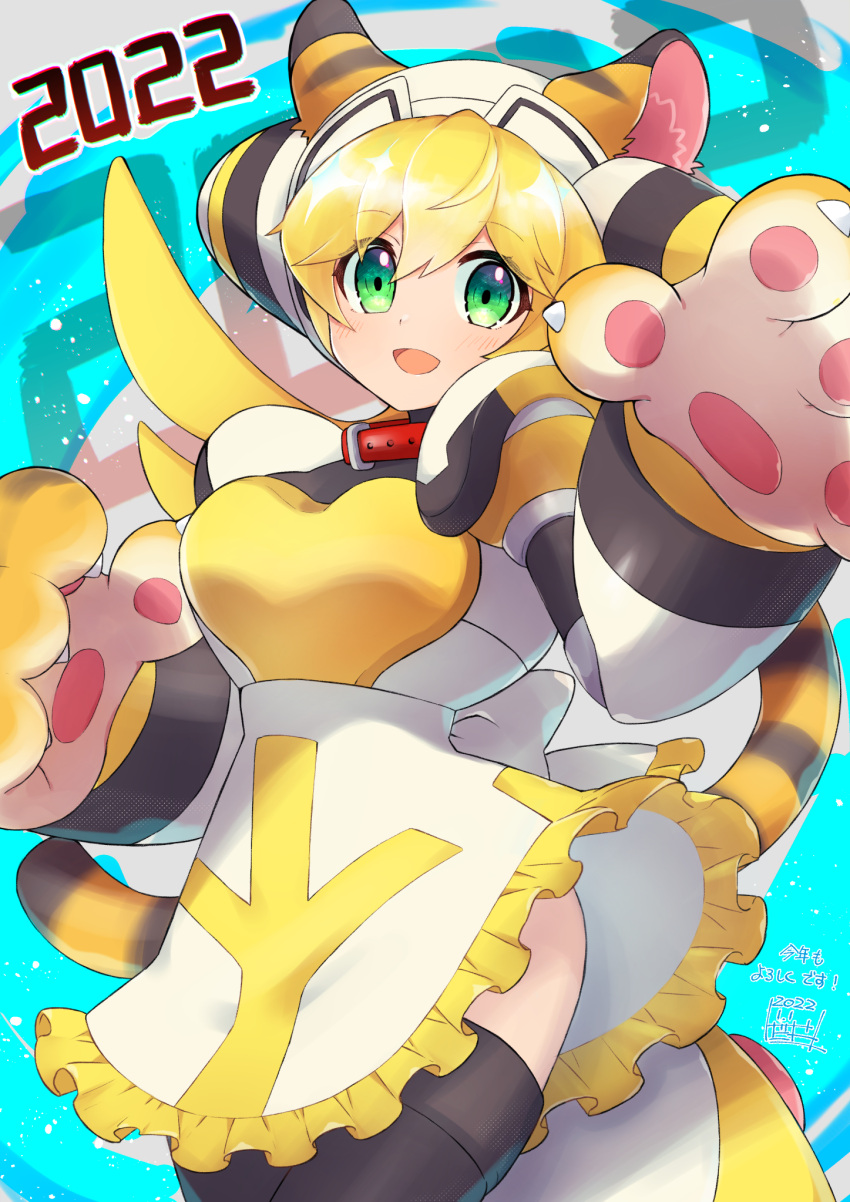 1girl 2022 animal_ears black_thighhighs blonde_hair blush breasts chinese_zodiac cinnamon_(mega_man) collar fake_animal_ears fake_tail green_eyes highres large_breasts looking_at_viewer mega_man_(series) mega_man_x:_command_mission mega_man_x_(series) mega_man_x_dive open_mouth smile solo tail thigh-highs tiger_ears tiger_tail tobitori year_of_the_tiger