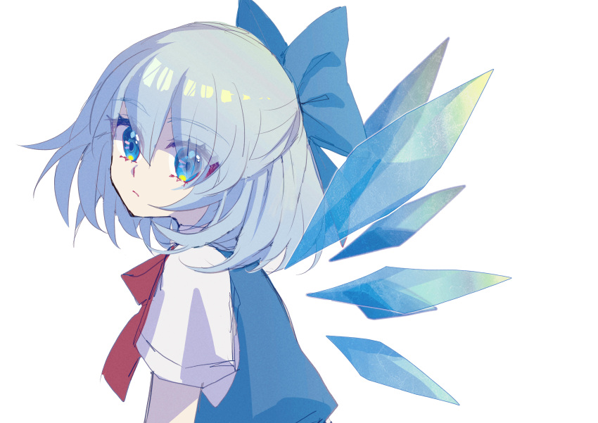 1girl absurdres blue_bow blue_eyes blue_hair blue_vest bow cirno closed_mouth detached_wings from_side hair_between_eyes hair_bow head_tilt highres looking_at_viewer looking_to_the_side medium_hair neck_ribbon red_ribbon ribbon shirt shocho_(shaojiujiu) simple_background solo touhou upper_body vest white_background white_shirt wings