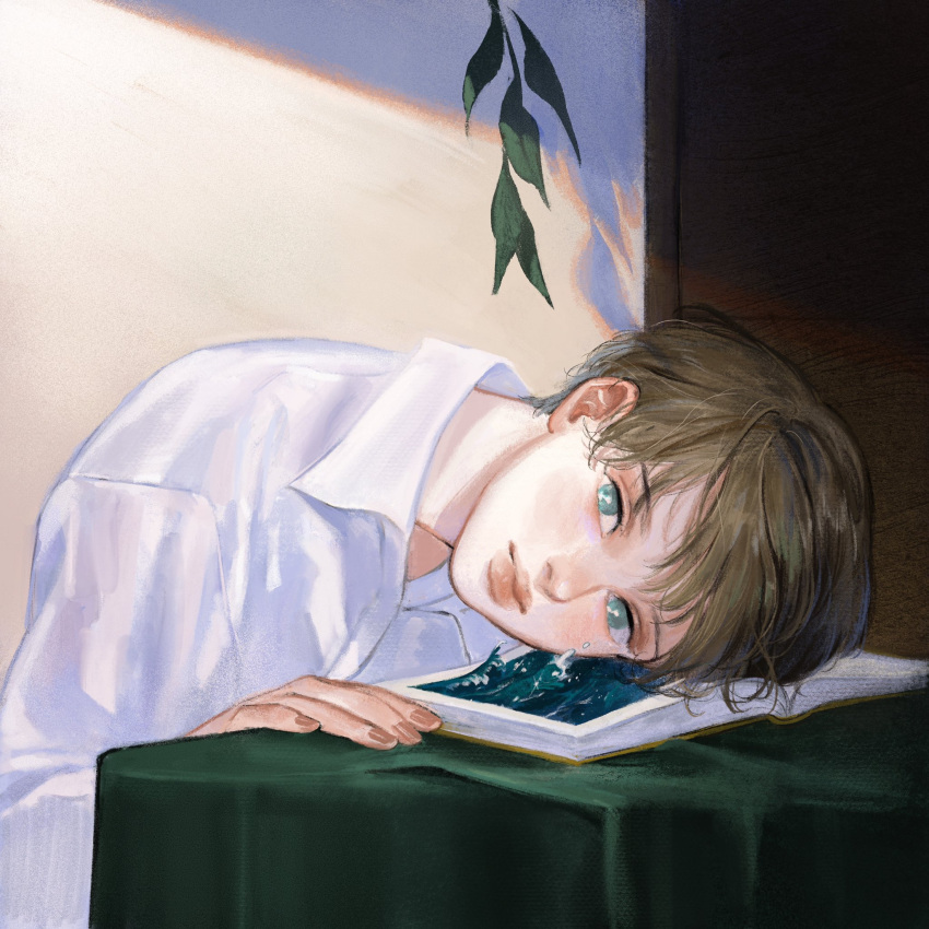 1boy blue_eyes book brown_hair closed_mouth hand_up head_on_table head_rest highres korean_commentary leaf looking_at_viewer looking_to_the_side male_focus n0ma open_book original shirt short_hair smile solo sunlight surreal through_medium through_page upper_body water waves white_shirt