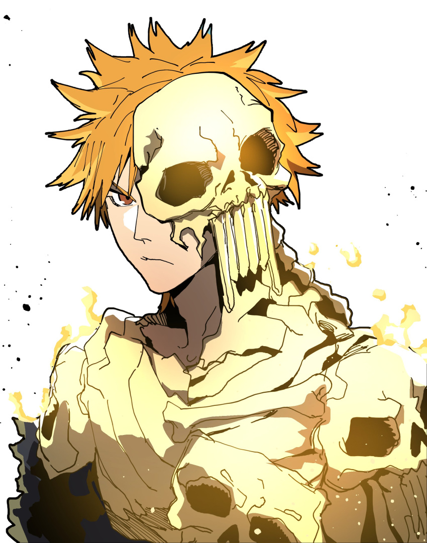 1boy absurdres angry bleach bleach:_jigoku-hen bone_armor brown_eyes burning fire from_side glowing highres isaacchief300 kurosaki_ichigo looking_at_viewer male_focus mask mask_over_one_eye official_alternate_costume one_eye_covered orange_hair paint_splatter shinigami simple_background skull skull_mask solo spiky_hair unworn_mask upper_body v-shaped_eyebrows white_background