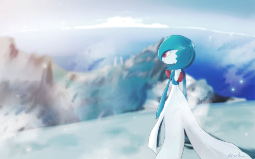 1girl alternate_color arms_at_sides artist_name back blue_hair blue_skin blue_sky blurry blurry_background bob_cut closed_mouth clouds colored_skin commentary day from_behind full_body gardevoir happy looking_afar mountain multicolored_skin outdoors pokemon pokemon_(creature) red_eyes rize_(r) shiny_pokemon short_hair signature sky smile snow solo standing twitter_username two-tone_skin white_skin