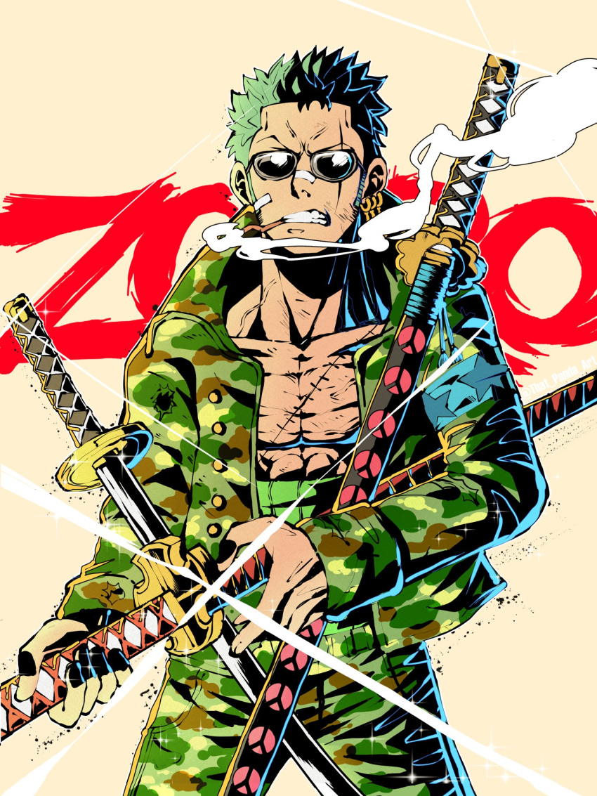 1boy bandaid bandaid_on_face cigarette cowboy_shot earrings english_commentary green_hair haramaki highres holding holding_sword holding_weapon jacket jewelry male_focus one_piece open_clothes open_jacket roronoa_zoro scar scar_across_eye scar_on_chest short_hair simple_background smoke solo sunglasses sword that_one_panda weapon