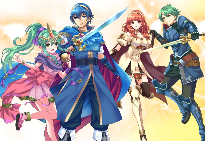 2boys 2girls :d alm_(fire_emblem) armor black_thighhighs blue_eyes blue_footwear blue_hair blush bracelet cape celica_(fire_emblem) dress earrings falchion_(fire_emblem) fingerless_gloves fire_emblem fire_emblem:_mystery_of_the_emblem fire_emblem:_shadow_dragon_and_the_blade_of_light fire_emblem_echoes:_shadows_of_valentia gloves green_eyes green_hair hair_ornament headband highres holding holding_sword holding_weapon jewelry kakiko210 long_hair looking_at_viewer marth_(fire_emblem) multiple_boys multiple_girls open_mouth pink_dress pointy_ears ponytail red_eyes redhead ribbon short_dress simple_background smile sword thigh-highs tiara tiki_(fire_emblem) tiki_(young)_(fire_emblem) weapon white_footwear