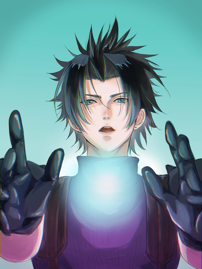 1boy armor black_gloves black_hair blue_eyes crisis_core_final_fantasy_vii earrings final_fantasy final_fantasy_vii final_fantasy_vii_remake gloves gradient_background highres jewelry light looking_at_viewer male_focus niburuchan_zc open_hands open_mouth outstretched_arms parted_bangs short_hair shoulder_armor single_earring sleeveless sleeveless_turtleneck solo spiky_hair stud_earrings suspenders sweater teeth turtleneck turtleneck_sweater upper_body upper_teeth_only zack_fair