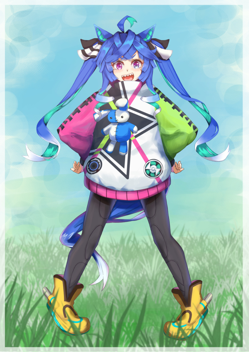 1girl ahoge animal_ears ankle_boots aqua_hair black_bodysuit black_ribbon blue_eyes blue_hair blue_sky bodysuit boots coat commentary crossed_bangs day full_body grass hair_ribbon hands_on_own_hips heterochromia highres horse_ears horse_girl horse_tail long_hair long_sleeves looking_at_viewer multicolored_coat multicolored_hair nora_red open_mouth outdoors ribbon sharp_teeth sidelocks sky smile solo standing star_(symbol) star_print stuffed_animal stuffed_rabbit stuffed_toy tail teeth twin_turbo_(umamusume) twintails two-tone_hair umamusume violet_eyes yellow_footwear
