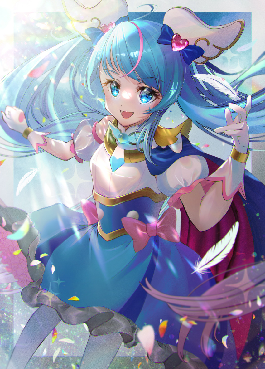 1girl absurdres blue_cape blue_dress blue_eyes blue_hair brooch cape commentary_request cure_sky cut_bangs detached_sleeves dress feathers frilled_dress frills gloves highres hirogaru_sky!_precure jewelry light_particles long_hair looking_at_viewer magical_girl minccino7 multicolored_hair open_mouth petals pink_hair precure puffy_detached_sleeves puffy_sleeves red_cape short_dress single_sidelock sleeveless sleeveless_dress smile solo sora_harewataru standing streaked_hair sunlight thigh-highs twintails two-sided_cape two-sided_fabric very_long_hair white_gloves white_thighhighs wing_brooch wing_hair_ornament