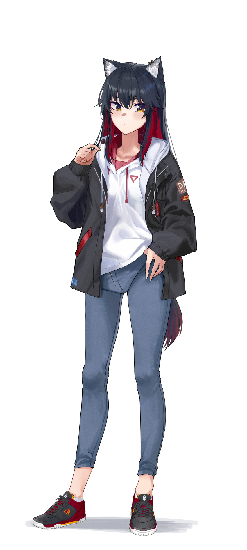 1girl absurdres animal_ears arknights black_footwear black_hair black_jacket brand_name_imitation brown_eyes candy cat_ears crotch_zipper dierbeibanjia ear_piercing fingernails food hand_on_own_hip highres holding holding_candy holding_food holding_lollipop hood hoodie jacket leaning_to_the_side logo lollipop looking_to_the_side patch piercing red_footwear red_shirt red_trim redhead shirt skinny skinny_jeans tail texas_(arknights) white_background white_hair white_hoodie wolf_tail zipper