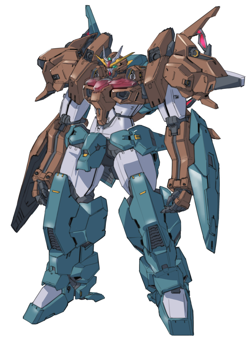 absurdres arm_shield arms_at_sides commentary_request full_body fusion green_eyes gundam gundam_lfrith_thorn gundam_lfrith_ur gundam_suisei_no_majo highres legs_apart looking_ahead mecha mobile_suit niao_san_shi no_humans open_hands robot science_fiction simple_background solo standing v-fin white_background
