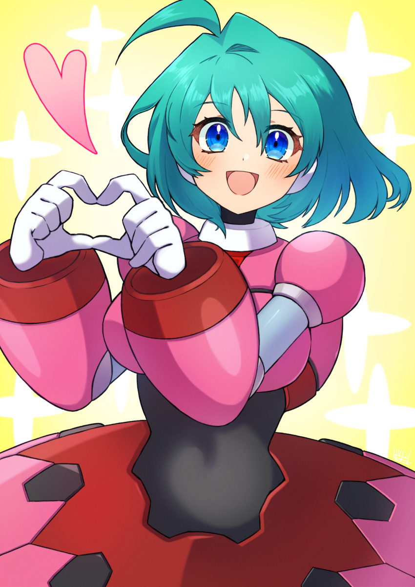 1girl ahoge blue_eyes blush breasts character_request green_hair heart heart_hands highres large_breasts medium_hair mega_man_(series) mega_man_x_(series) open_mouth smile solo tobitori