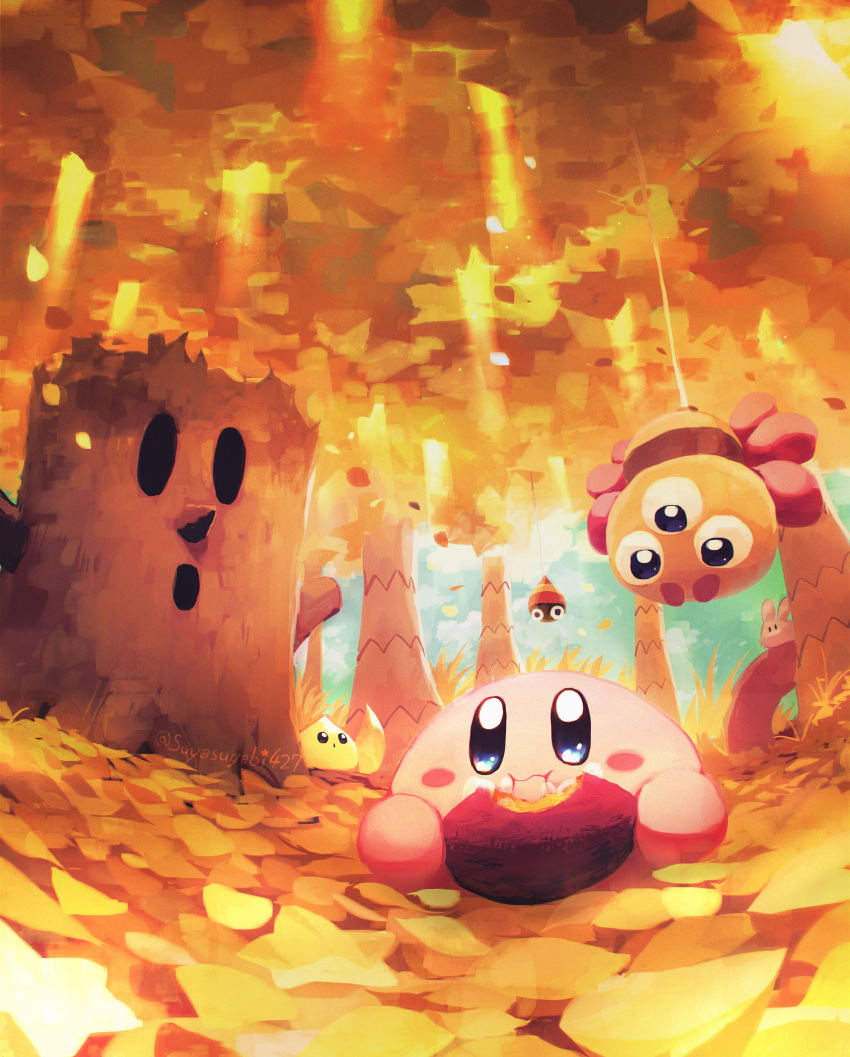 :i :o absurdres artist_name autumn autumn_leaves blue_eyes blue_sky blush blush_stickers chip_(kirby) closed_mouth clouds commentary_request como_(kirby) dappled_sunlight day eating food forest grass highres holding holding_food kirby kirby_(series) leaf nature no_humans outdoors polof pupa_(kirby) roasted_sweet_potato sky star_(symbol) sunlight suyasuyabi sweet_potato tree twitter_username whispy_woods