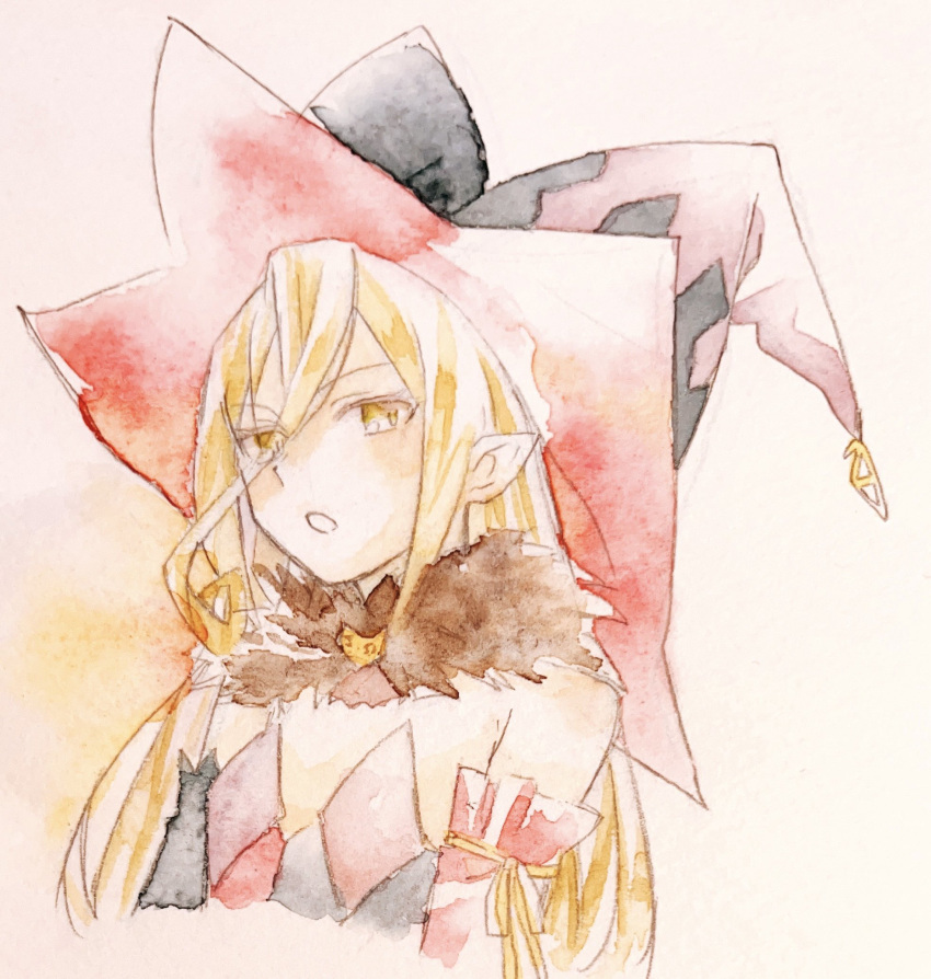 1girl armpit_crease bare_shoulders blonde_hair commentary_request enoki_kino hat highres jester_cap long_hair long_hair_between_eyes magilou_(tales) open_mouth pointy_ears solo tales_of_(series) tales_of_berseria traditional_media upper_body white_background yellow_eyes