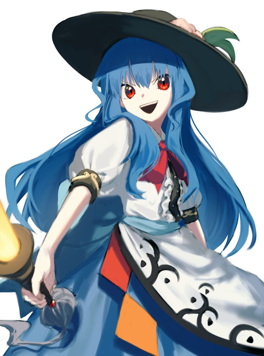 &gt;:) 1girl blue_hair blue_skirt bow bowtie commentary_request highres hinanawi_tenshi holding holding_sword holding_weapon long_hair looking_at_viewer nanashi_nasi open_mouth peach_hat_ornament puffy_sleeves red_bow red_bowtie red_eyes shirt short_sleeves simple_background skirt smile solo sword sword_of_hisou teeth touhou upper_body upper_teeth_only v-shaped_eyebrows very_long_hair weapon white_background white_shirt