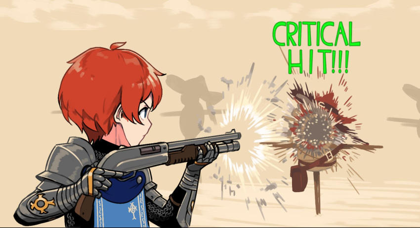 1girl armor bag blue_eyes brown_background chainmail commentary english_commentary english_text firing from_behind from_side gameplay_mechanics gauntlets gun hands_up hat holding holding_weapon kurisuu101 original redhead satchel short_hair shotgun shoulder_armor solo target target_practice team_fortress_2 v-shaped_eyebrows weapon witch_hat
