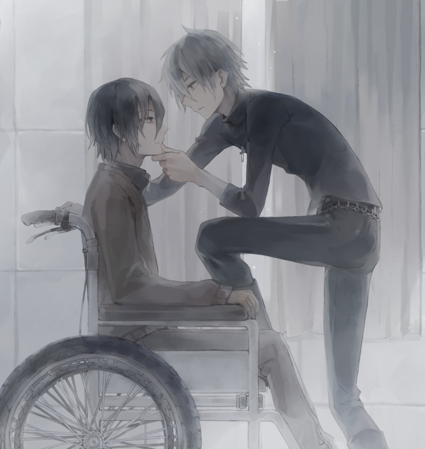 2boys akira_(togainu_no_chi) black_hair black_pants black_shirt brown_sweater cross cross_necklace curtains empty_eyes expressionless from_side full_body fuxi grey_eyes grey_hair hair_between_eyes hand_on_another's_chin highres jewelry leaning_forward looking_at_another male_focus monochrome multiple_boys muted_color necklace pants red_eyes shiki_(togainu_no_chi) shirt short_hair sitting standing sweater togainu_no_chi turtleneck wheelchair