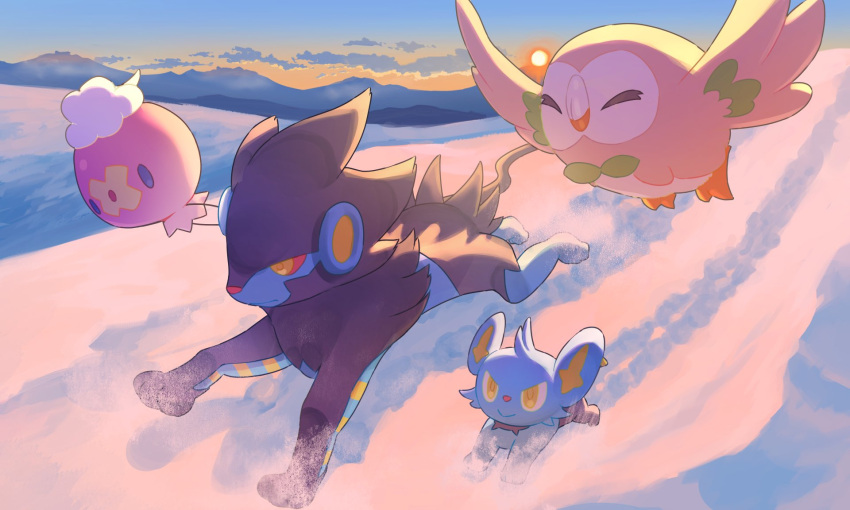 closed_eyes closed_mouth clouds colored_sclera commentary_request day drifloon highres luxray mokukitusui no_humans outdoors pokemon pokemon_(creature) red_sclera rowlet running shinx sky smile snow sun yellow_eyes yellow_pupils