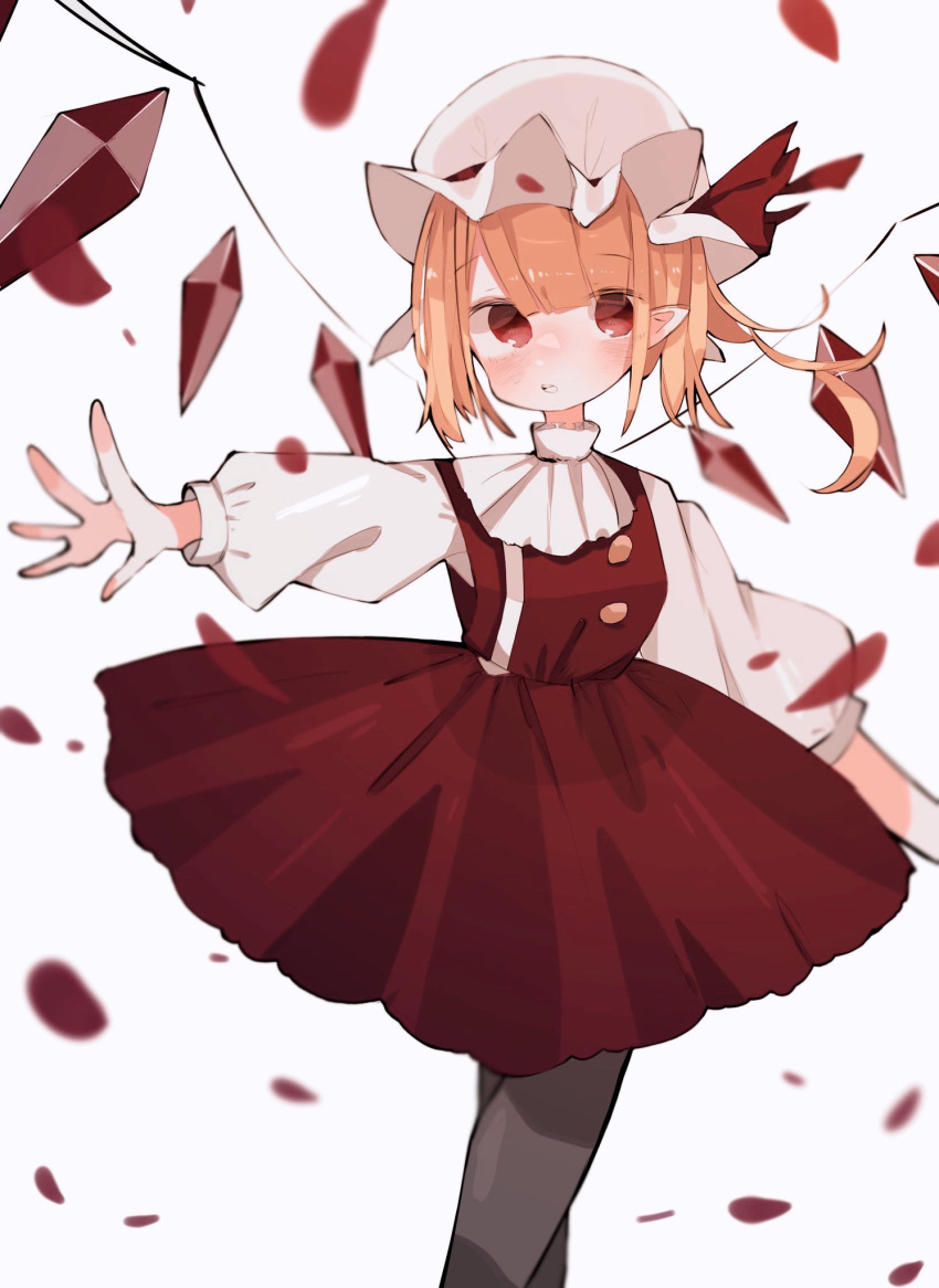 1girl black_thighhighs blonde_hair closed_mouth cowboy_shot flandre_scarlet hat hat_ribbon highres looking_at_viewer medium_hair mob_cap nacht_musik pantyhose petals pointy_ears red_eyes red_ribbon ribbon side_ponytail simple_background solo thigh-highs touhou white_background wings