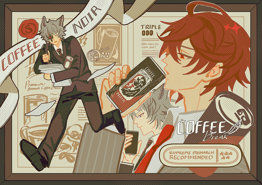 2boys absurdres ahoge alternate_costume animal_ears bag black_footwear blue_eyes brown_hair business_suit can cat_ears coffee collared_shirt drinking english_commentary english_text erune formal granblue_fantasy grey_hair hair_between_eyes halftone highres holding holding_can holding_paper male_focus menu multiple_boys multiple_views necktie nervous open_mouth paper reci red_eyes red_necktie running salaryman sandalphon_(granblue_fantasy) seox_(granblue_fantasy) shirt short_hair shoulder_bag star_(symbol) suit sweat wax_seal white_shirt
