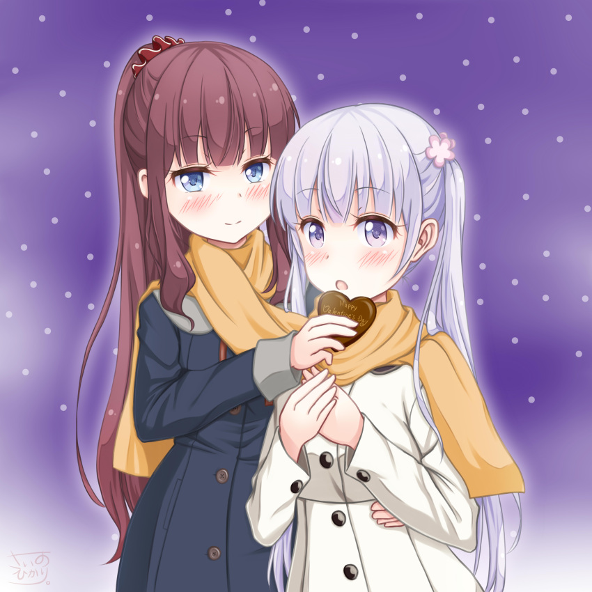 2girls absurdres blue_coat blue_eyes blunt_bangs blush brown_hair coat commentary_request feeding grey_hair hair_ornament hair_scrunchie hand_on_another's_hip happy_valentine heart high_ponytail highres long_hair multiple_girls new_game! open_mouth orange_scarf ponytail purple_hair red_scrunchie revision sainohikari scarf scrunchie shared_clothes shared_scarf simple_background smile standing suzukaze_aoba takimoto_hifumi twintails valentine very_long_hair violet_eyes white_background white_coat winter_clothes winter_coat yellow_scarf yuri