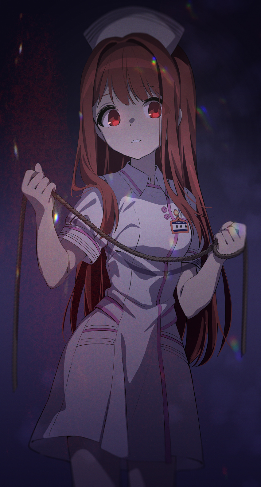 1girl absurdres breasts brown_hair chobi_(penguin_paradise) collared_dress commentary_request dress hat highres holding holding_rope idolmaster idolmaster_million_live! long_hair nurse nurse_cap parted_lips puffy_short_sleeves puffy_sleeves red_eyes rope short_sleeves small_breasts solo standing tanaka_kotoha very_long_hair white_dress white_headwear