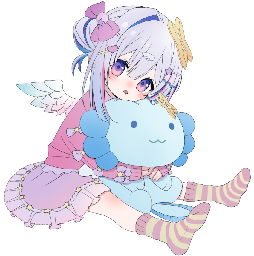 1girl aged_down alternate_costume amane_kanata angel angel_wings blue_hair blue_wings bow child feathered_wings frilled_skirt frills full_body gradient_wings grey_hair hair_bow hair_ornament hairclip halo holding holding_stuffed_toy hololive hugging_object long_sleeves looking_at_viewer mini_wings mocha_(snowflake) multicolored_hair multicolored_wings open_mouth pink_bow pink_socks pink_sweater purple_skirt short_hair sidelocks simple_background single_hair_intake sitting skirt socks solo star_halo streaked_hair striped_clothes striped_socks stuffed_toy sweater violet_eyes virtual_youtuber white_background white_wings wings