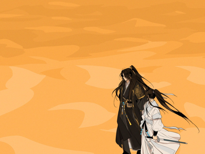 2boys 333_2d black_hair black_robe feet_out_of_frame hair_ornament hair_ribbon half_updo high_ponytail highres holding holding_sword holding_weapon jinhongi korean_clothes korean_commentary long_hair looking_ahead looking_at_another multiple_boys reverse_grip ribbon robe sand seol_young standing sword tassel weapon white_robe zaha