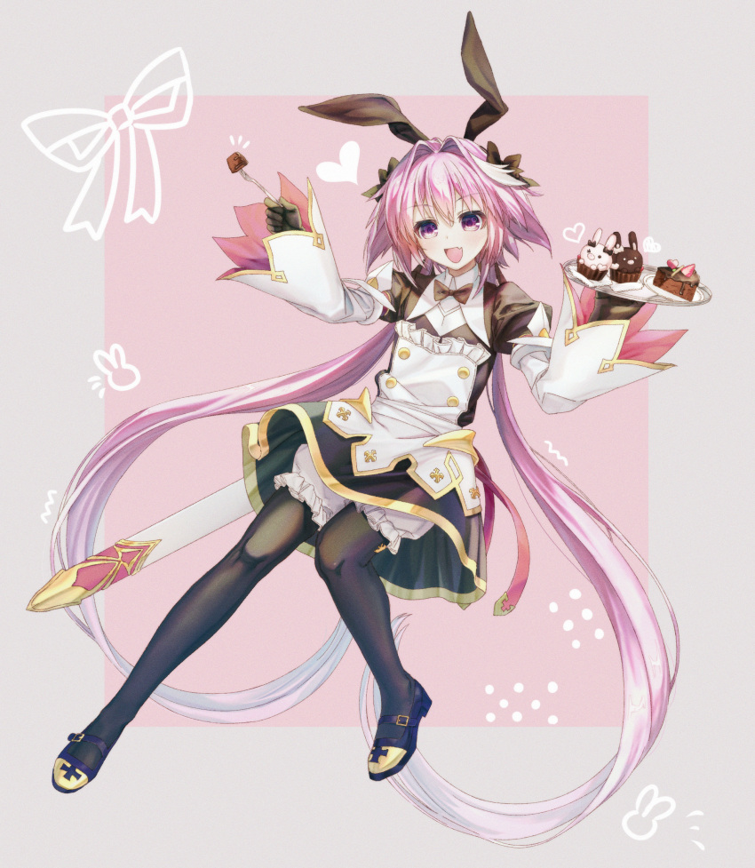 1boy absurdres animal-themed_food animal_ears astolfo_(fate) astolfo_(saber)_(fate) black_bow black_bowtie black_gloves black_thighhighs bow bowtie cake cake_slice chocolate_cake dress fake_animal_ears fang fate/apocrypha fate/grand_order fate_(series) food fork fruit gloves hair_bow hair_intakes heart highres holding holding_fork holding_tray layered_skirt long_hair male_focus muffin multicolored_hair natsuoto_rito open_mouth otoko_no_ko pink_hair rabbit rabbit_ears ribbon scabbard sheath skin_fang skirt solo strawberry streaked_hair sword thigh-highs tray twintails very_long_hair violet_eyes weapon white_hair wing_collar