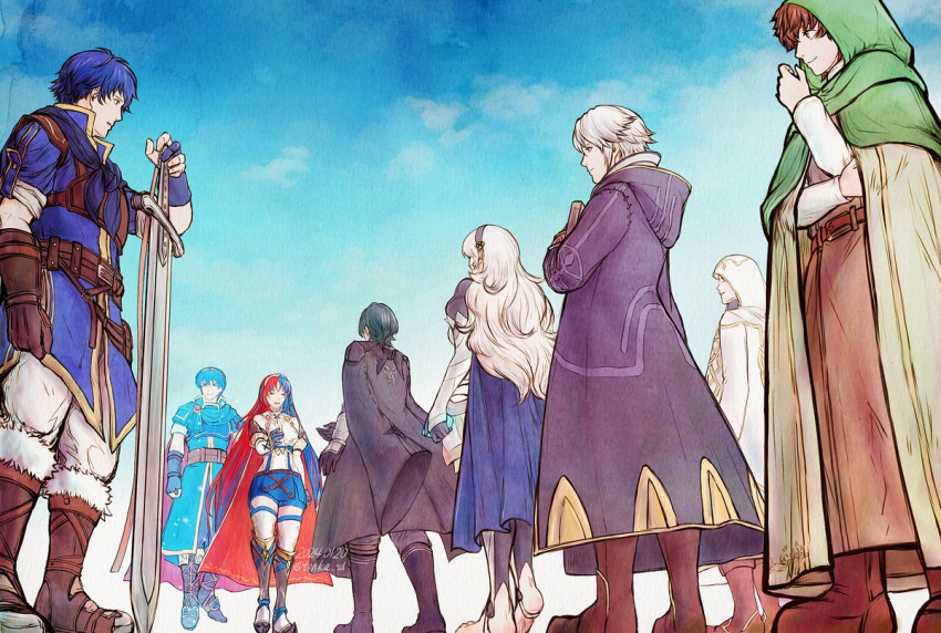 2girls 6+boys alear_(female)_(fire_emblem) alear_(fire_emblem) armor belt blue_hair blue_sky book boots brown_hair byleth_(fire_emblem) byleth_(male)_(fire_emblem) cape closed_mouth coat coat_on_shoulders commentary_request corrin_(female)_(fire_emblem) corrin_(fire_emblem) crossed_arms day fingerless_gloves fire_emblem fire_emblem:_mystery_of_the_emblem fire_emblem:_the_blazing_blade fire_emblem:_three_houses fire_emblem_awakening fire_emblem_engage fire_emblem_fates fire_emblem_heroes full_body fur_trim gloves gold_trim hairband holding holding_book hood hood_down kiran_(fire_emblem) kiran_(male)_(fire_emblem) knee_boots kris_(fire_emblem) kris_(male)_(fire_emblem) long_hair long_sleeves mark_(fire_emblem:_the_blazing_blade) marth_(fire_emblem) multiple_boys multiple_girls outdoors pants puffy_sleeves redhead robin_(fire_emblem) robin_(male)_(fire_emblem) short_hair short_sleeves skirt sky smile sword thigh-highs tiara tohka_sd weapon white_hair zettai_ryouiki