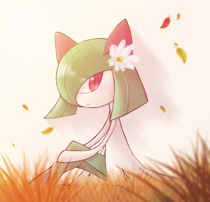 1girl blurry blurry_foreground blush child closed_mouth colored_skin commentary day falling_leaves flat_chest flower from_side grass green_hair green_skin hair_flower hair_ornament hair_over_one_eye hands_on_own_legs happy highres kirlia knees_up leaf light_blush looking_back medium_hair multicolored_skin on_ground one_eye_covered outdoors pokemon pokemon_(creature) red_eyes rize_(r) sidelocks sitting smile solo sunlight two-tone_skin white_flower white_skin