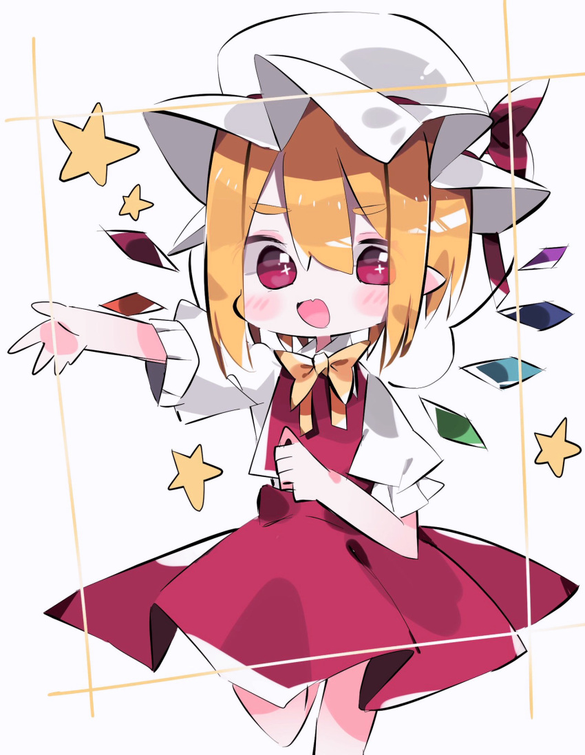 1girl ascot blonde_hair cowboy_shot crystal crystal_wings flandre_scarlet hat hat_ribbon highres looking_at_viewer mob_cap nacht_musik open_mouth pointy_ears puffy_short_sleeves puffy_sleeves red_eyes red_ribbon ribbon short_sleeves simple_background solo sparkling_eyes star_(symbol) touhou white_background wings yellow_ribbon