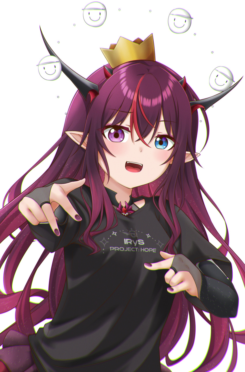 1girl absurdres black_gloves black_shirt crooked_eyewear crown elbow_gloves gloves highres hololive hololive_english horns irys_(hololive) jan_azure long_hair looking_at_viewer looking_over_eyewear mini_crown multicolored_hair open_mouth partially_fingerless_gloves purple_hair purple_nails redhead shirt short_sleeves simple_background smile solo teeth upper_teeth_only violet_eyes virtual_youtuber white_background