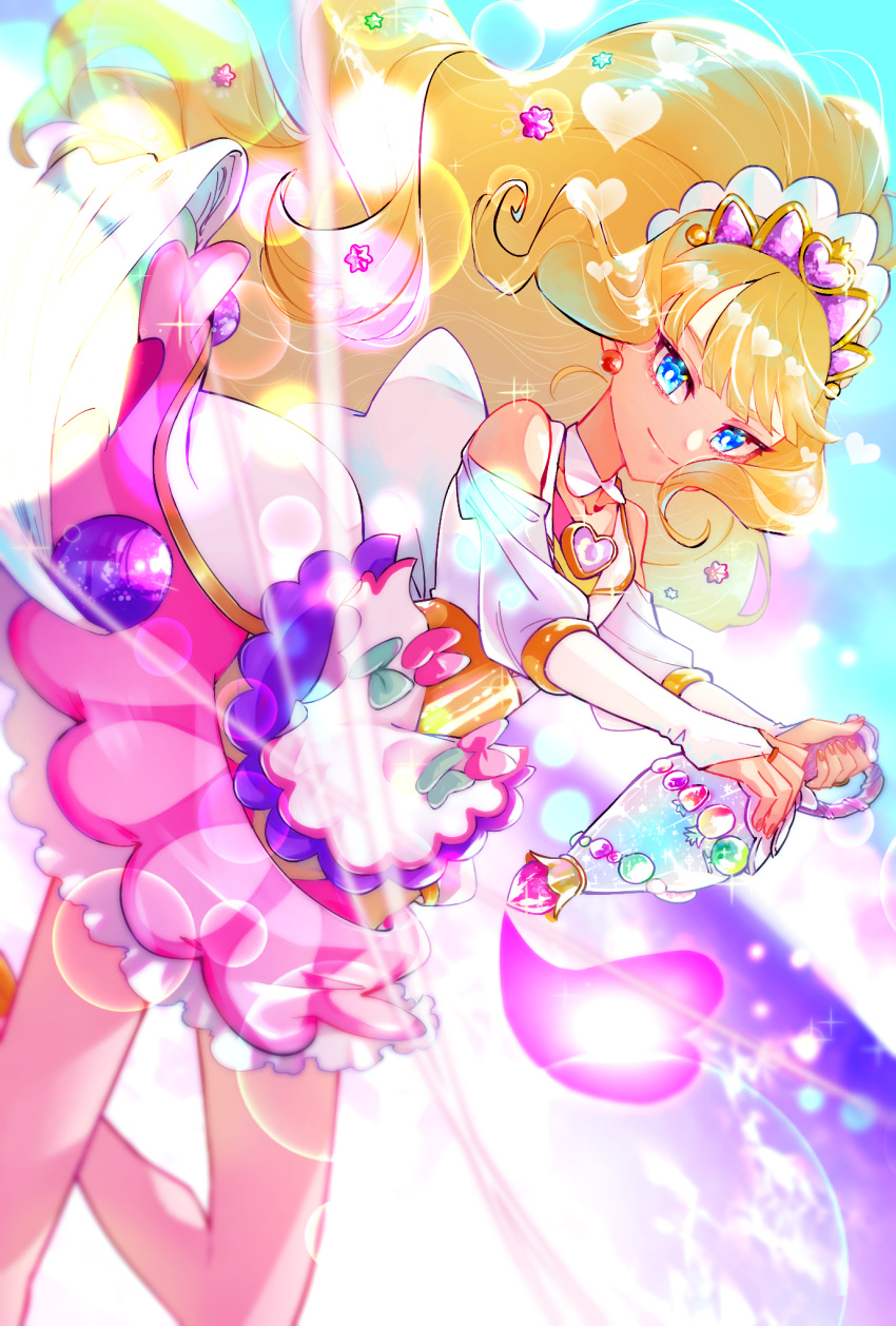 1girl back_bow big_hair blonde_hair blue_eyes blunt_bangs bow bridal_gauntlets brooch candy candy_hair_ornament closed_mouth clothing_cutout commentary creamy_fleuret cure_finale delicious_party_precure dress dutch_angle earrings food food-themed_hair_ornament hair_ornament heart heart_brooch highres holding holding_wand jewelry kasai_amane konpeitou large_bow light_particles long_hair long_sleeves looking_at_viewer magical_girl medium_dress multicolored_clothes multicolored_dress precure purple_headwear shoulder_cutout smile solo sparkle standing tiara ton_(ton39342104) wand white_bow white_dress