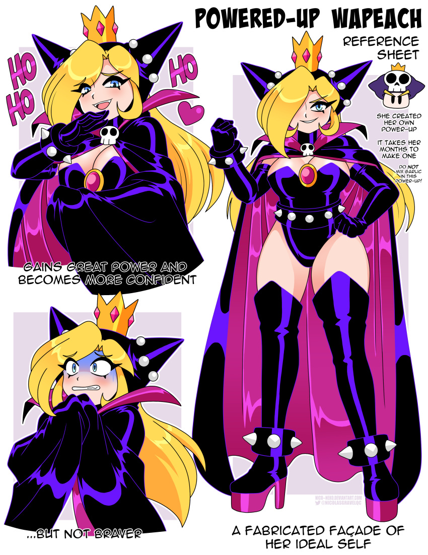 1girl absurdres bare_shoulders black_dress blonde_hair blue_eyes boots bracelet breasts cape cloak crown dress elbow_gloves full_body gloves highres jewelry latex latex_dress leather leather_dress long_hair looking_at_viewer mario_power_tennis mario_tennis mini_crown nico-neko princess sleeveless solo spiked_bracelet spikes super_mario_bros. warupeach