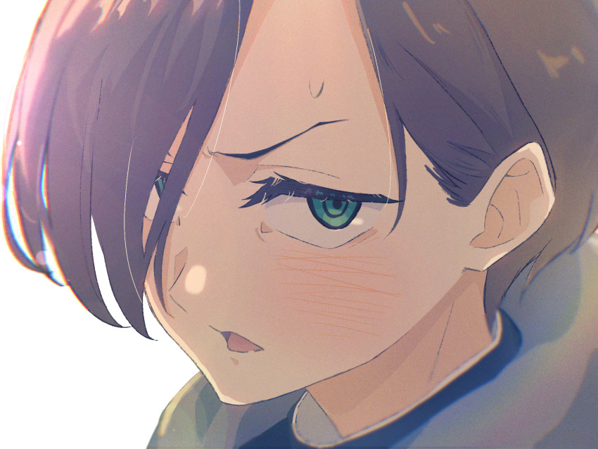 1boy aqua_eyes black_hair blush boku_no_kokoro_no_yabai_yatsu close-up eyes_visible_through_hair hair_behind_ear hair_over_one_eye highres ichikawa_kyoutarou kwi looking_at_viewer open_mouth portrait ringed_eyes short_hair solo v-shaped_eyebrows