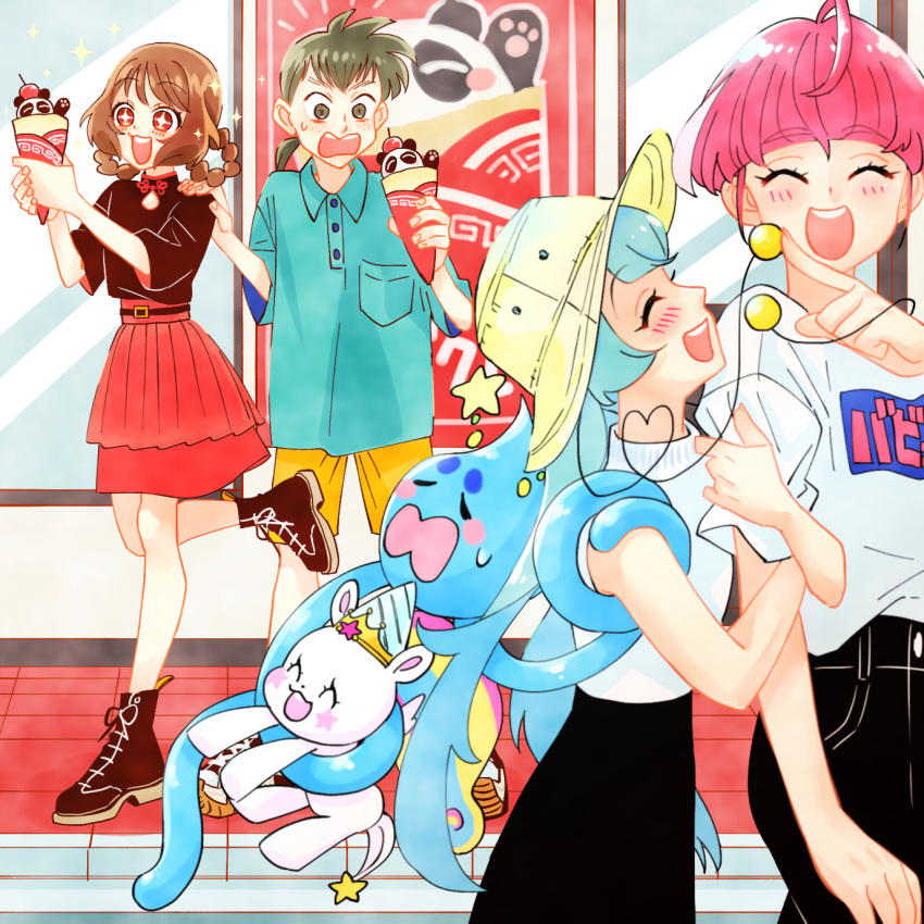 +_+ 1boy 3girls :d aged_up alternate_hairstyle aqua_hair arm_grab black_footwear black_pants black_shirt black_skirt blue_shirt braid brown_hair casual closed_eyes commentary day delicious_party_precure food fuwa_(precure) hagoromo_lala hair_down hair_rings hanamichi_ran hand_on_another's_shoulder hat highres holding holding_food hoshina_hikaru in-franchise_crossover looking_at_another medium_skirt multiple_girls open_mouth outdoors pants parfait pleated_skirt polo_shirt precure print_shirt prunce_(precure) red_eyes red_skirt redhead shirt shoes short_sleeves shorts skirt sleeveless sleeveless_shirt smile standing standing_on_one_leg star_twinkle_precure sun_hat sweatdrop t-shirt takagi_shinpei ton_(ton39342104) turtleneck twin_braids white_headwear yellow_shorts