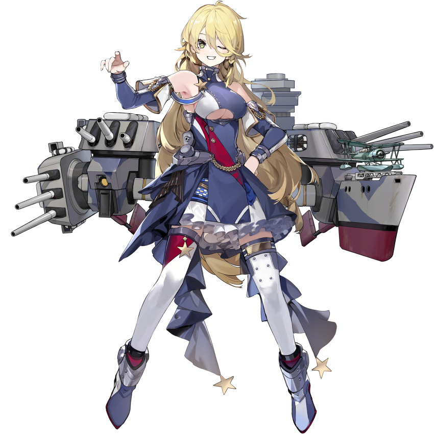 1girl adapted_turret aiguillette artist_request black_surge_night blonde_hair blue_dress blue_sleeves braid breasts detached_sleeves dress full_body green_eyes highres long_hair long_sleeves machinery official_art one_eye_closed rigging san_francisco_(black_surge_night) side_braid skirt solo star_(symbol) thigh-highs third-party_source transparent_background under_boob unkempt very_long_hair white_skirt white_thighhighs