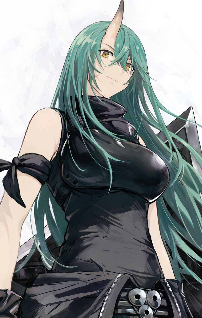 1girl absurdres arknights arm_scarf black_gloves black_pants black_sweater breasts commentary gloves green_hair grey_background highres holding holding_shield horns hoshiguma_(arknights) large_breasts long_hair looking_at_viewer looking_down okonon_(kado_colda) pants shield simple_background single_horn skin-covered_horns sleeveless sleeveless_sweater smile solo sweater upper_body yellow_eyes
