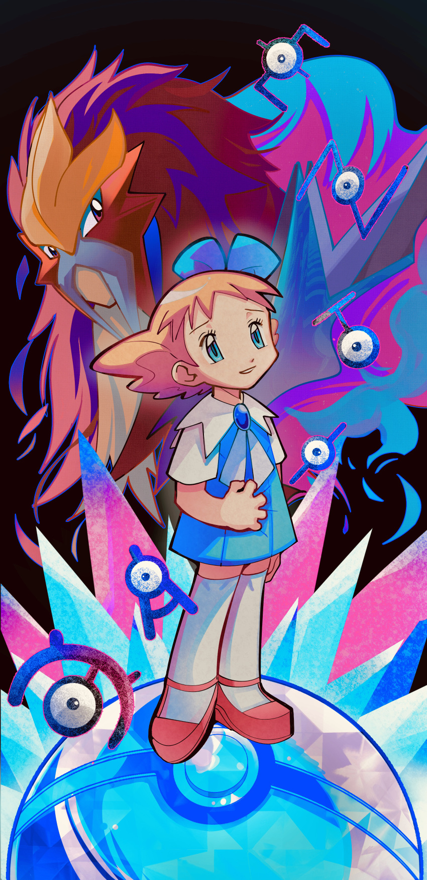 1girl absurdres aqua_eyes blonde_hair blue_skirt clutching_clothes commentary_request entei eyelashes hair_ribbon highres long_hair looking_up molly_hale parted_lips pink_footwear pleated_skirt pokemon pokemon_(anime) pokemon_(classic_anime) pokemon_(creature) pokemon_3:_the_movie_-_spell_of_the_unown:_entei ribbon shoes short_sleeves skirt smile standing thigh-highs umineko_skyblue unown white_thighhighs